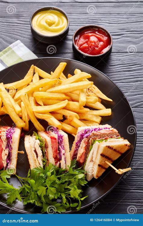 Loaded Turkey Club Sandwiches with Fresh Salad Stock Photo - Image of food, green: 126416084