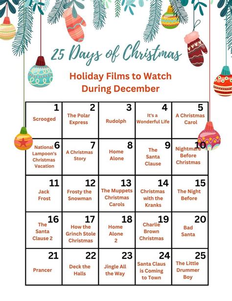 Christmas 25 Days of Movies List, Christmas Printable, Holiday, Holiday ...