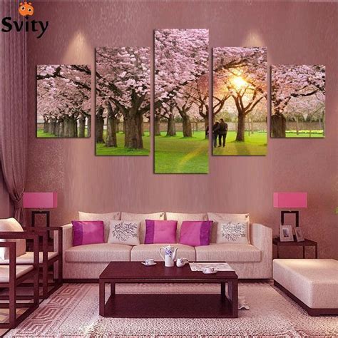 5 piece art canvas romantic wall art tree picture canvas painting Cherry blossoms painting Large ...