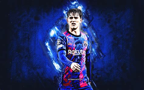 Download wallpapers Gavi, FC Barcelona, Spanish footballer, midfielder, portrait, blue stone ...