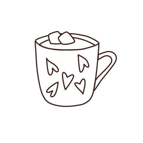 Doodle vector drawing of hot chocolate with marshmallows in mug with hearts. Valentines day ...