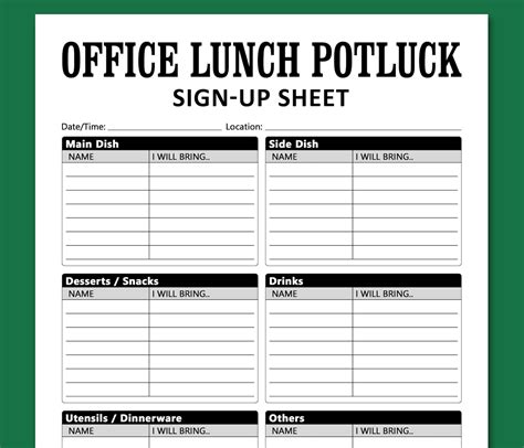 Office Lunch Potluck Sign up Sheet PRINTABLE Template, Work Celebration Co-workers Friends Party ...