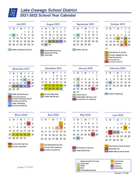 Lake Oswego School District Calendar 2021-2022 PDF