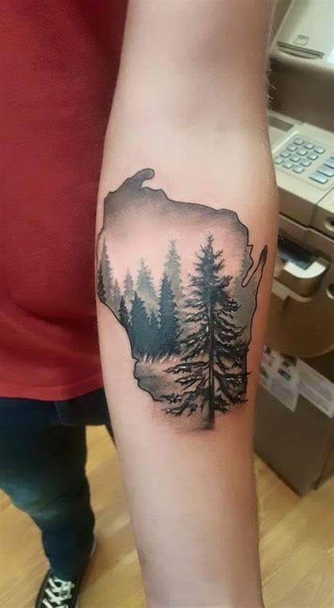 Wisconsin tattoo with woods scene... I like this idea for Missouri but with wildflowers ...