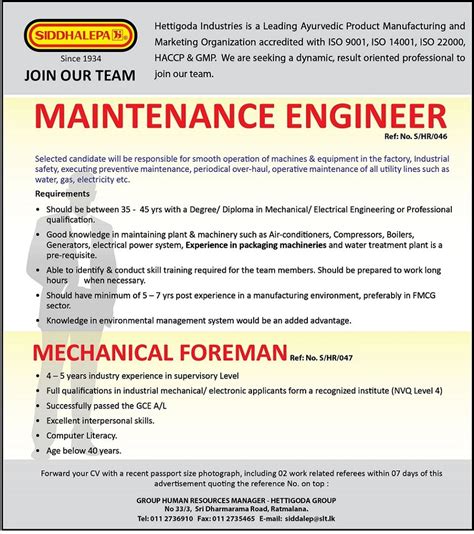 Maintenance Engineer / Mechanical Foreman