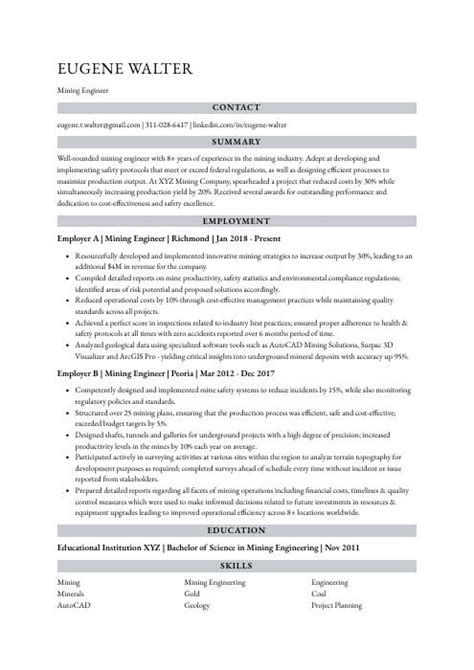 Mining Engineer Resume (CV) Example and Writing Guide