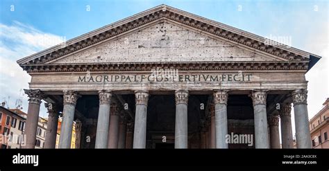 Rome Italy. Detail of the facade of the Pantheon, a majestic temple of ...