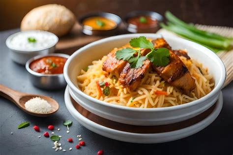 Premium AI Image | A bowl of noodles with meat and vegetables