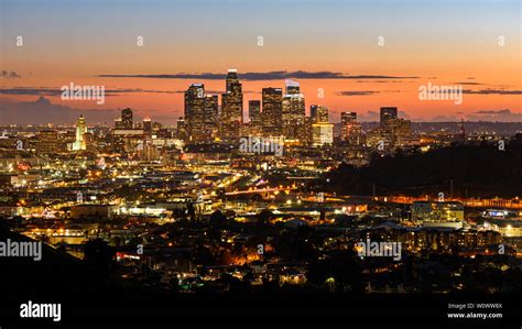 Downtown Los Angeles skyline at sunset Stock Photo - Alamy