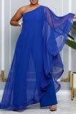 Wholesale Blue Solid Color Sloping Shoulder Long Ruffle Sleeve Formal Party Vacation Wide Leg ...
