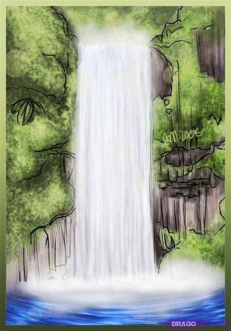 how to draw a waterfall | Waterfall drawing, Waterfall pictures, Landscape drawing easy