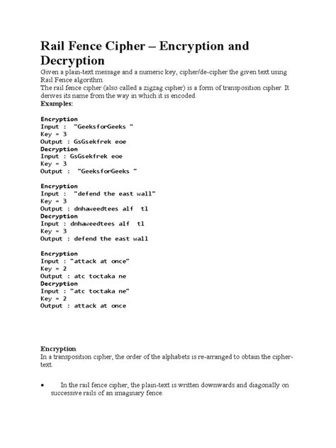 Rail Fence Cipher - Encryption and Decryption: Examples | PDF