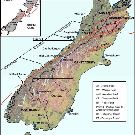 Overview map of the South Island, New Zealand, showing the major fault ...