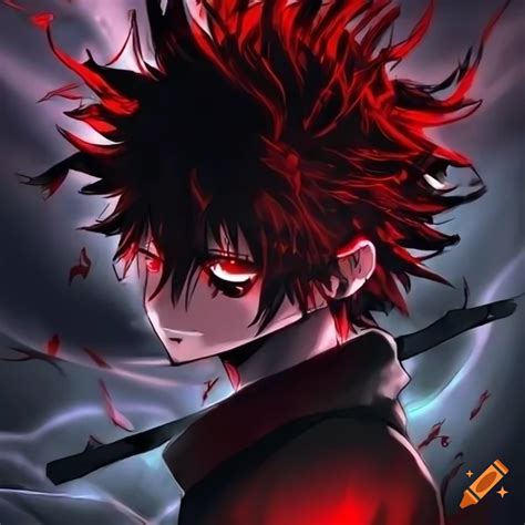 Angry anime boy with red eyes and wild black hair in black and red ...