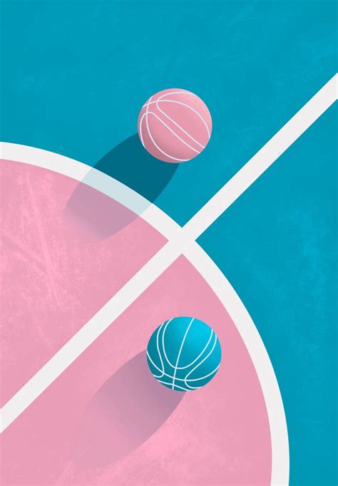 two basketballs and a ball on a court with blue and pink paint in the background