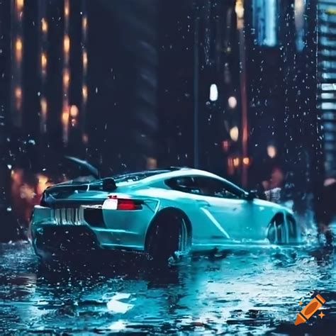 Drifting sports car on rainy city street