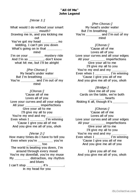 Song John Legend -- All of me: English ESL worksheets pdf & doc