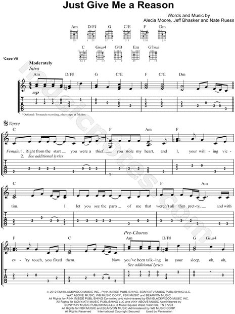 Pink feat. Nate Ruess "Just Give Me a Reason" Guitar Tab in C Major - Download & Print - SKU ...