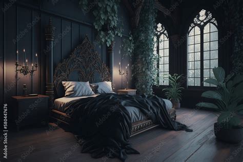 Luxury gothic style bedroom interior. Black and dark kitchen design. AI ...