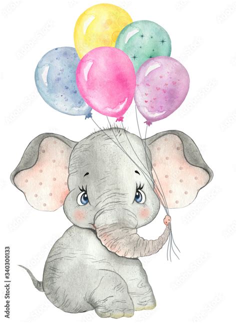 Watercolor drawing baby elephant with balloons, little elephant, cute ...