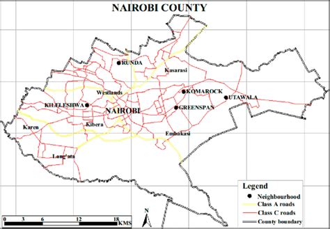 A map showing the distribution of sampled neighbourhoods in Nairobi County. | Download ...