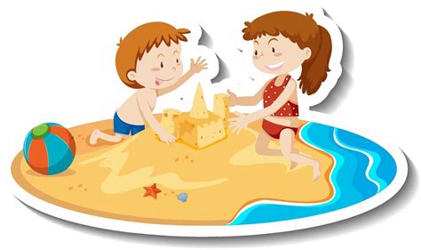 Two kids building sand castle at the beach 3422225 Vector Art at Vecteezy