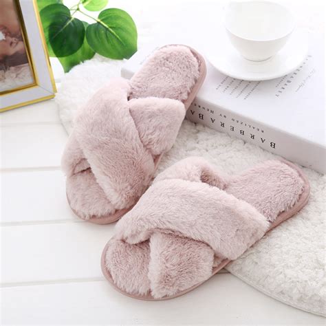 Womens Fuzzy Slippers Cross Band Ladies Slippers