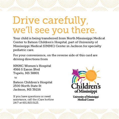 UMMC Directions Card - Children's of Mississippi Tupelo to Batson Children's Hospital Directions ...