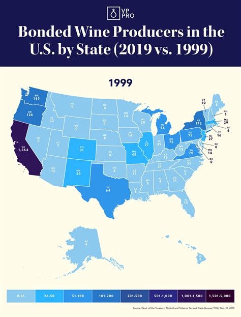 Bonded Wine Producers in the U.S. by State 2019 vs. 1999 [Map] | VinePair