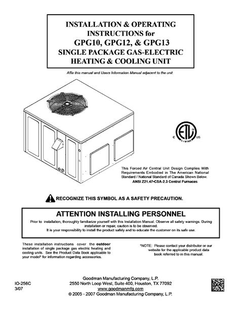 GOODMAN Package Units(both Units Combined) Manual L0806745