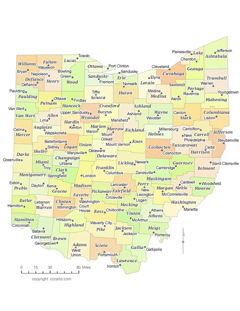 State of Ohio County Map with the County Seats - CCCarto