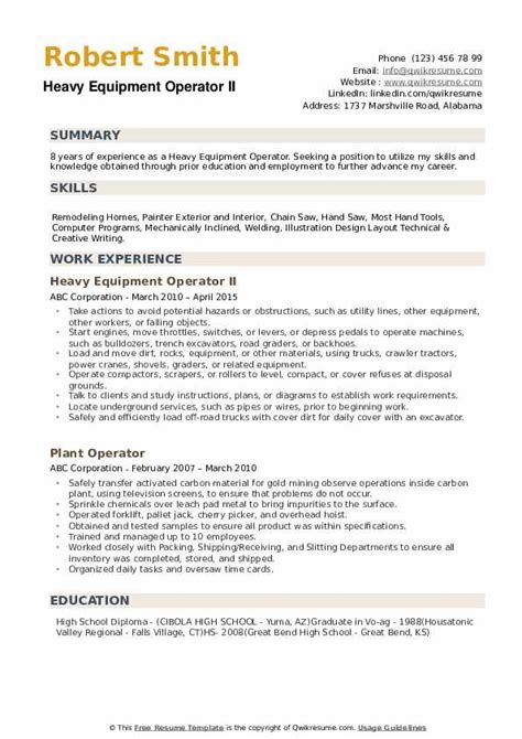 Heavy Equipment Operator Resume Samples | QwikResume