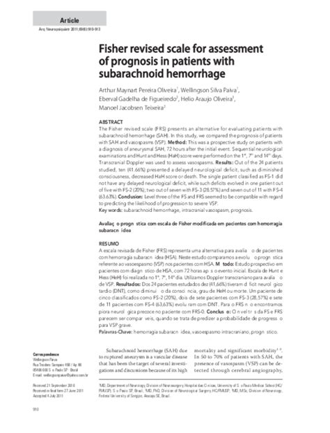 (PDF) Fisher revised scale for assessment of prognosis in patients with subarachnoid hemorrhage ...