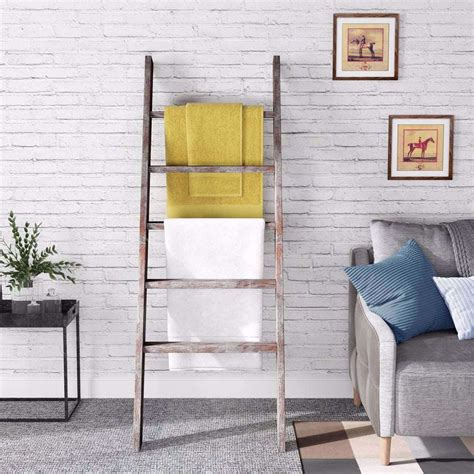 55" Blanket Ladder Wall-Leaning Rustic White Finish Wood Ladder Shelf, Decorative Ladder Rack ...