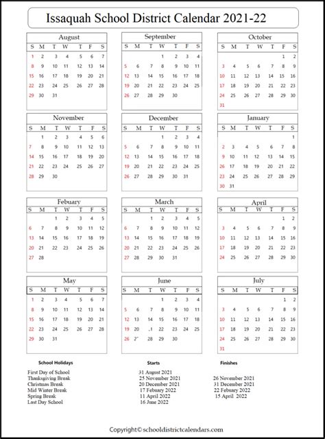 Issaquah School District Calendar 2021-22 School District Calendars