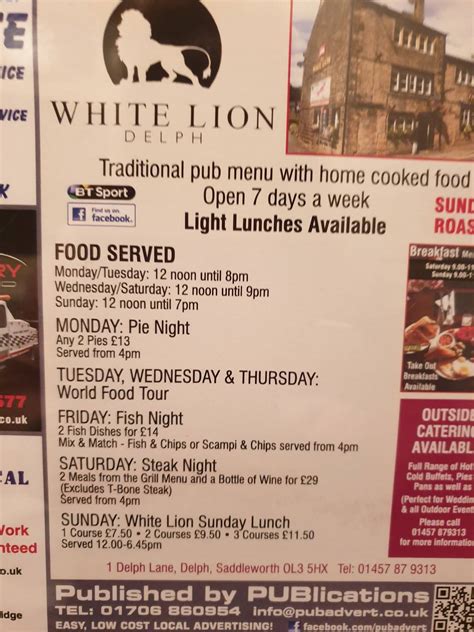 Menu at The White Lion pub & bar, Oldham