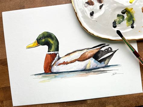 Original: Mallard Duck Watercolor Painting, Hunting, Woodland, Minimalist, Trophy, Green Head Duck