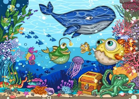 Premium Vector | Underwater world fish freehand drawing cartoon style