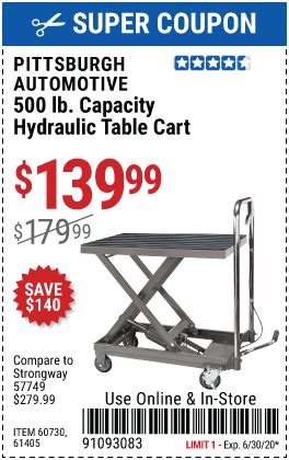 PITTSBURGH AUTOMOTIVE 500 lbs. Capacity Hydraulic Table Cart for $139. ...