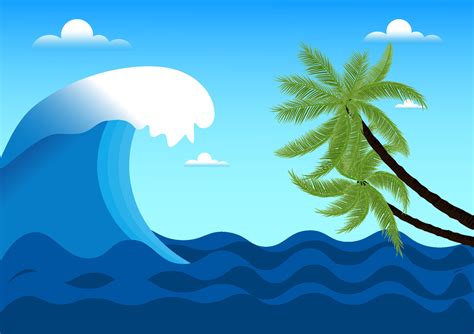 graphics design drawing ocean wave, coconut tree vector illustration ...