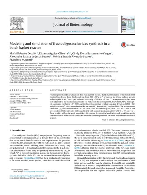 (PDF) Modeling and Simulation of Fructooligosaccharides Synthesis in a Batch Basket Reactor ...