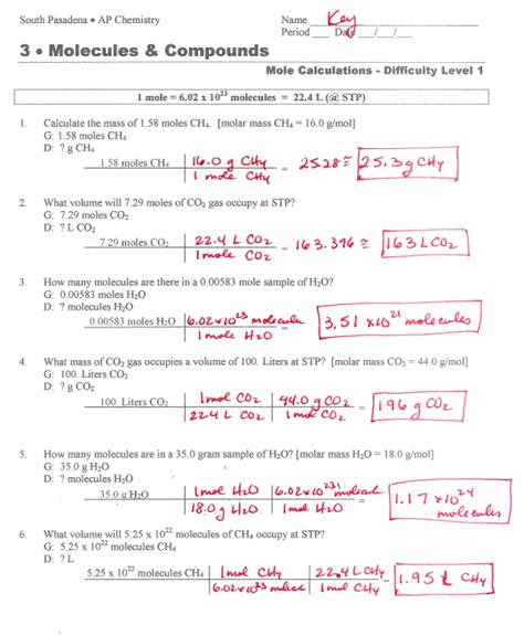 Mole Conversions Worksheet With Work