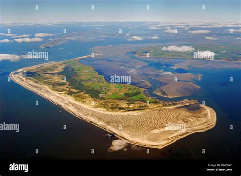 Aerial view, Amrum Island with the islands of Sylt and Foehr at back ...