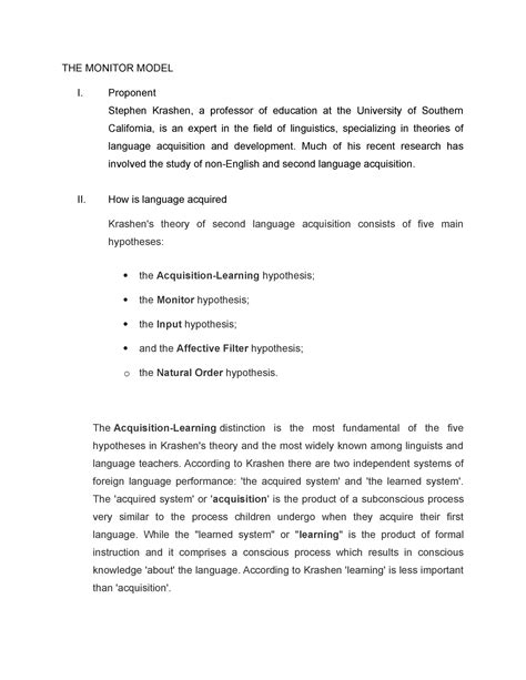 THE Monitor Model - Stephen Krashen - THE MONITOR MODEL I. Proponent ...