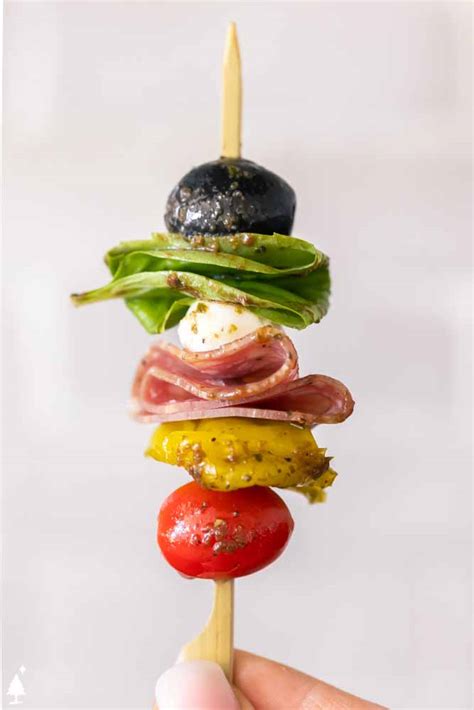 Antipasto Skewers with Shallot Balsamic Dressing - Little Pine Kitchen