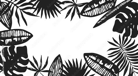 Black horizontal vector frame of textured hand drawn tropical leaves ...