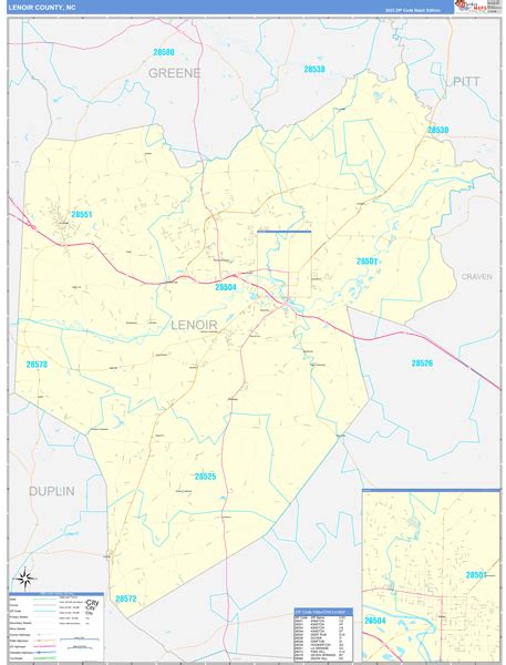 Lenoir County, NC Zip Code Wall Map Basic Style by MarketMAPS - MapSales