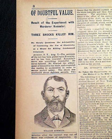 1ST ELECTRIC CHAIR Execution 1st Person Murderer WILLIAM KEMMLER 1890 Newspaper | eBay