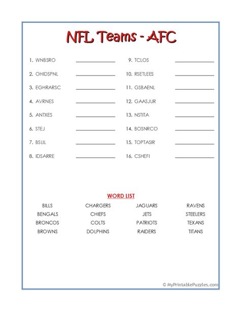 NFL Teams - AFC Word Scramble | My Printable Puzzles