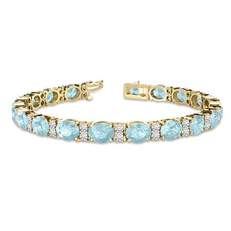 Diamond & Oval Cut Aquamarine Tennis Bracelet 14k Yellow Gold 13.62ct - NG10599